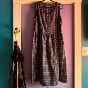 NWOT (Like NPL) Simply Grey Navy Check Linen Midi Dress Pockets Back Tie L